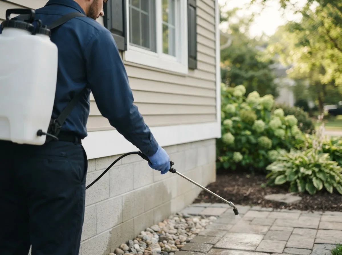 Pest control technician inspecting a home in Canton, OK